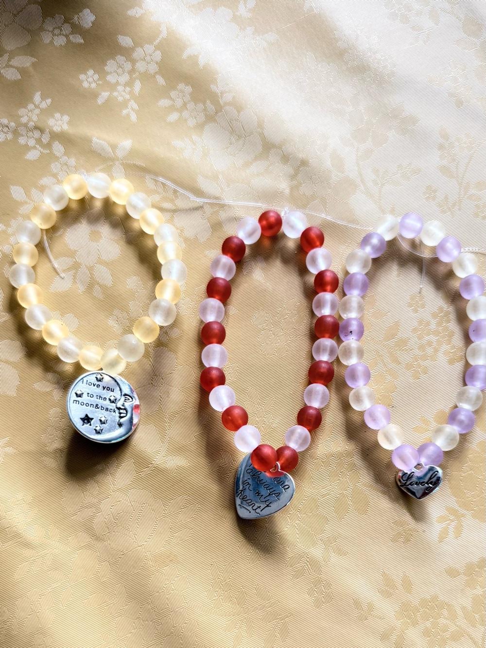 Beaded Stretch Bracelet with Heart Charm - Red